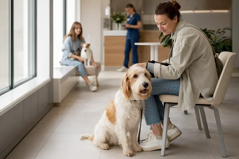 Ein Petit Basset Griffon Vendéen sitzt ruhig neben seinem Besitzer im hellen Wartezimmer einer modernen Tierarztpraxis.